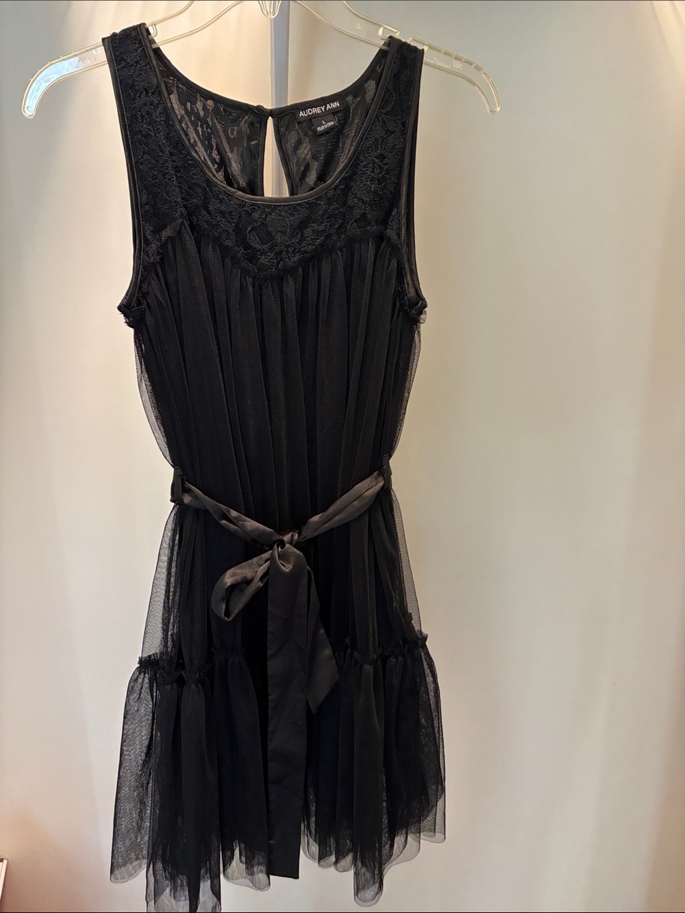 Audrey Ann Black Lace Yoke Tulle A-Line Dress with Satin Tie